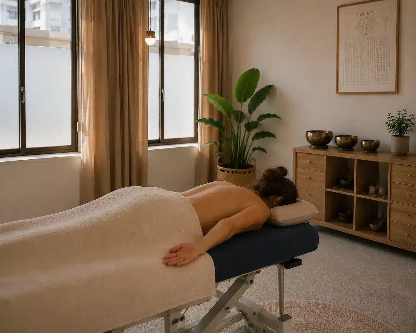 Rustgevende energetische massage in een warme praktijkruimte met natuurlijke tinten, zachte verlichting en een vrouw die ontspannen op de massagetafel ligt tijdens een lichaamsgerichte behandeling.